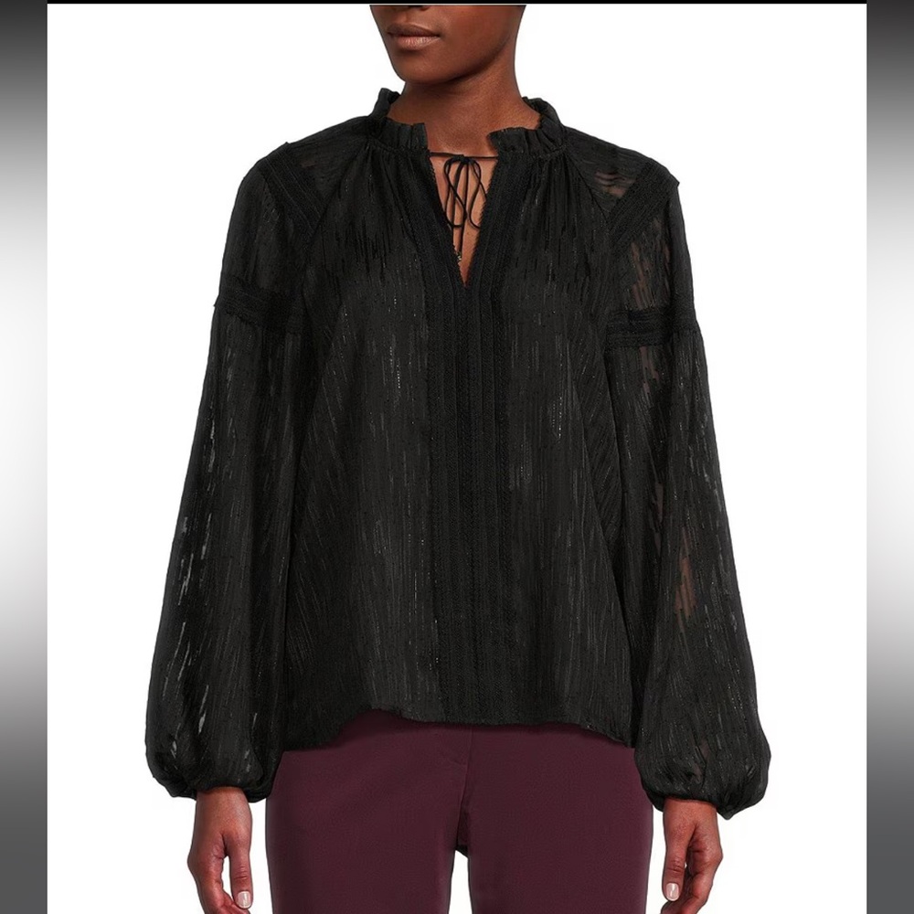 Tommy Hilfiger Chiffon Lurex Keyhole Mock Neck Long Sleeve Blouse